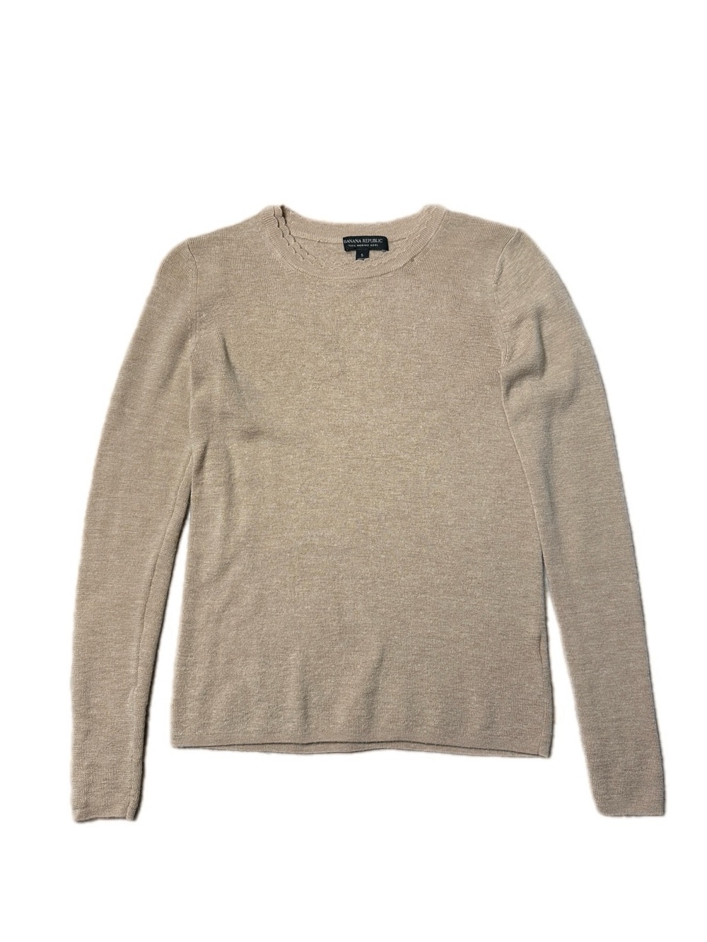 Banana Republic 100% Merino Wool Double Scallop Crewneck Tan Beige Sweater S